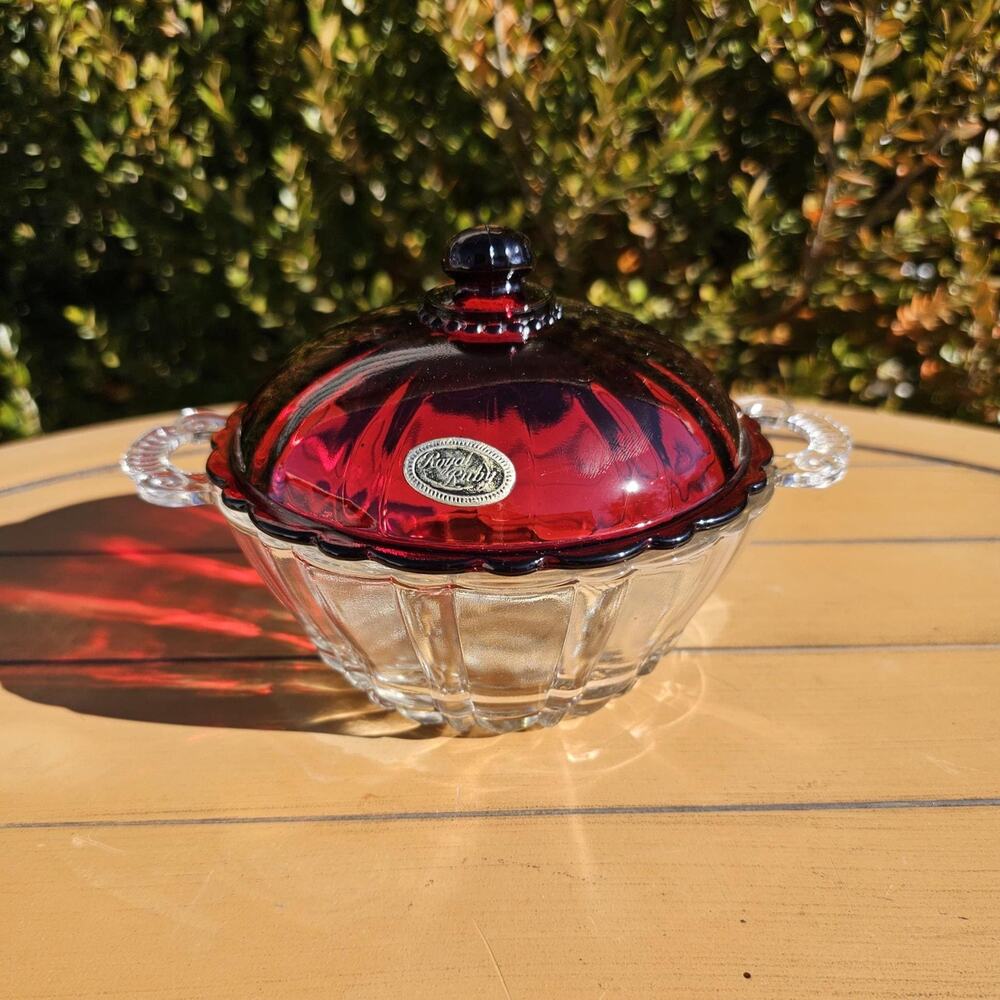 Vintage Anchor Hocking Old Cafe Clear Glass Bowl with Royal Ruby Red Lid